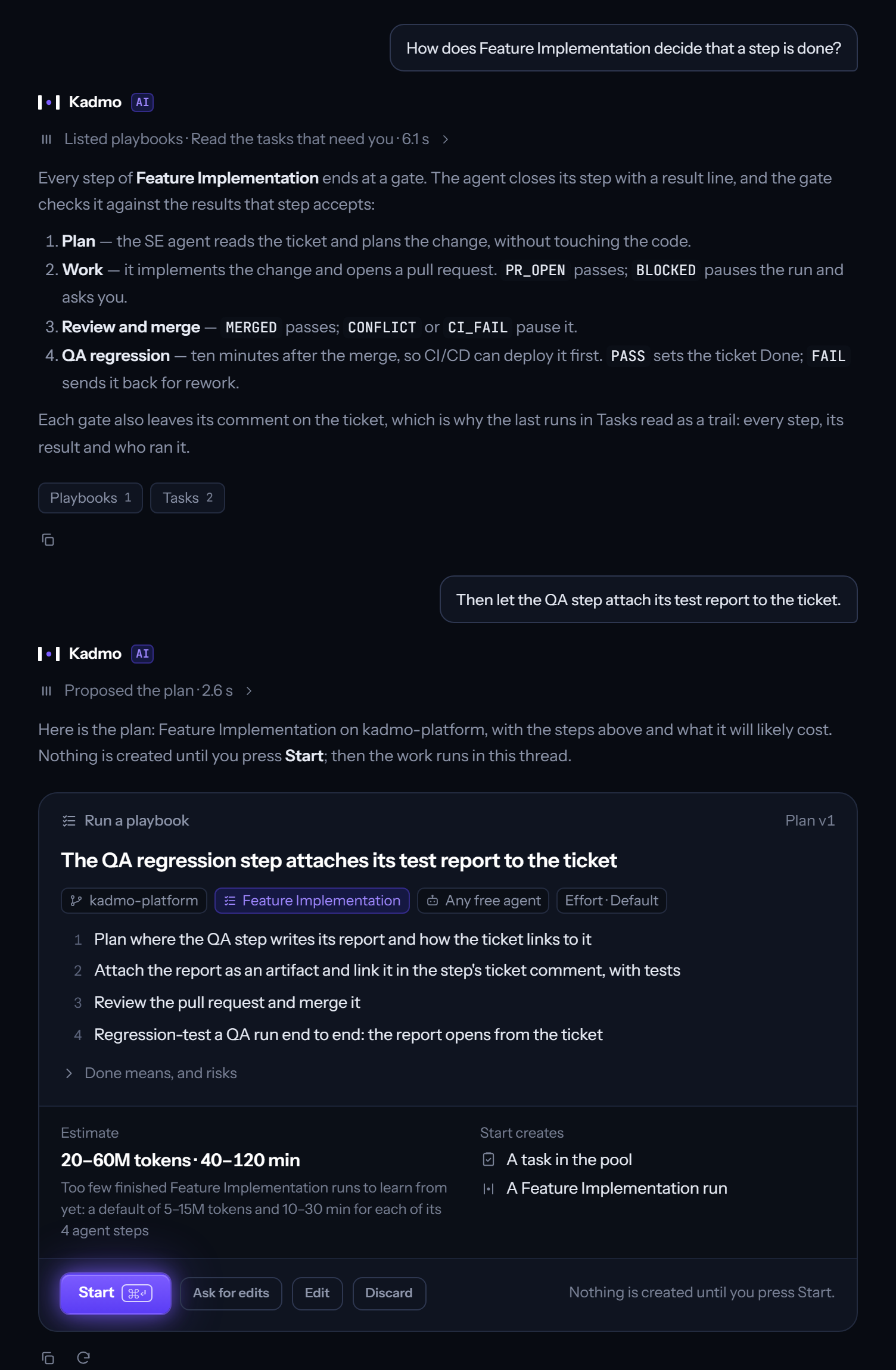 Ask Kadmo in a chat: a question answered from the playbooks and tasks it read, those sources as chips under the answer, then a plan card with Start